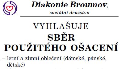 Sběr použitého ošacení 5. – 6. 11. 2015 –  Diakonie Broumov